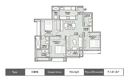 3 BHK 956 SqFt